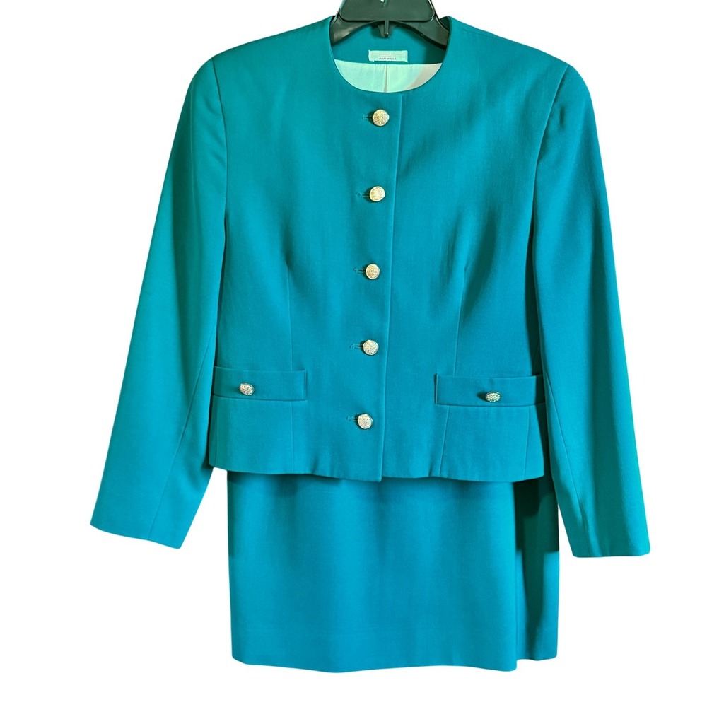 Vtg Corporate Woman Collection Wool Suit Blazer Skirt Set Gold Button‎ Size M